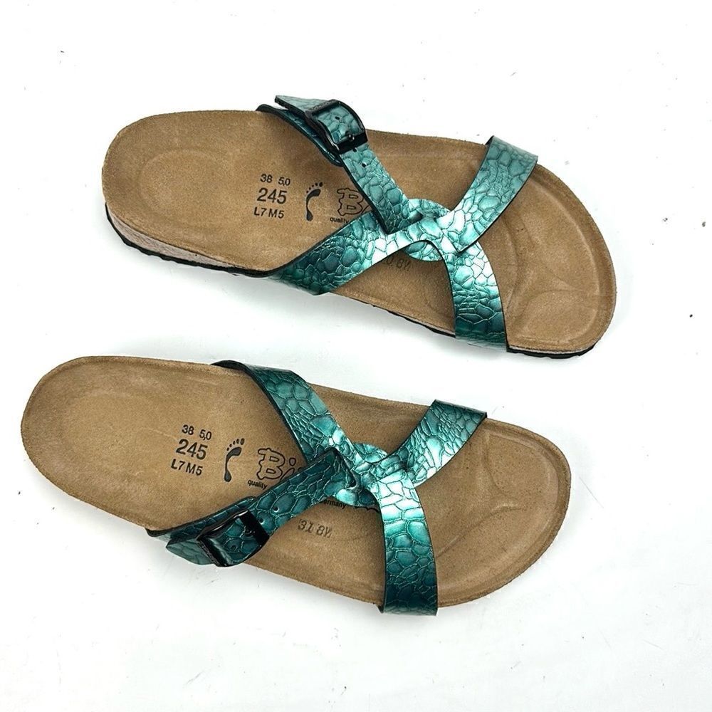 NWB Birkenstock Birki’s Sylt Metallic Turquoise Croc Embossed Sandals 38 US 7